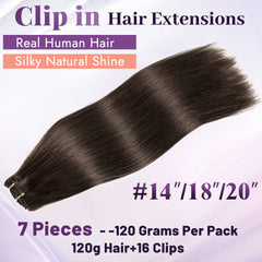 KooKaStyle Real Human Hair Clip-in Extensions | 7PCS 120g Straight Soft & Silky Natural Hair for Women
