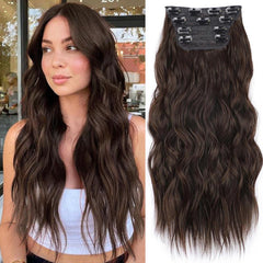 KooKaStyle Clip in Synthetic Hair Extensions Long Wavy 4PCS Double Weft Thick Hairpieces for Women