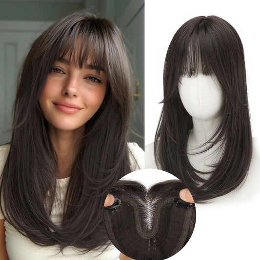KooKaStyle 18 Inch Hair Topper with Bangs | Synthetic Layered Hairpiece, Natural Invisible Coverage for Women