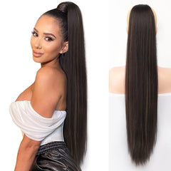 KooKaStyle Long Straight Drawstring Ponytail Extension 32 Inch Black Synthetic Heat Resistant Hairpiece