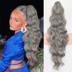 KooKaStyle 26 Inch Wavy Dark Brown Ponytail Extension, Synthetic Clip-In Drawstring Hairpiece for Women, Natural Body Wave Daily Wear