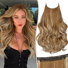 KooKaStyle 20 Inch Invisible Wire Hair Extensions, Long Wavy Layered Synthetic Hairpiece with 6 Clips & Adjustable Transparent Wire