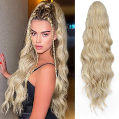 KooKaStyle 26 Inch Wavy Dark Brown Ponytail Extension, Synthetic Clip-In Drawstring Hairpiece for Women, Natural Body Wave Daily Wear