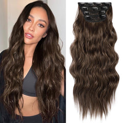 KooKaStyle Clip in Synthetic Hair Extensions Long Wavy 4PCS Double Weft Thick Hairpieces for Women