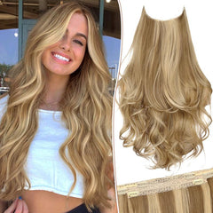 KooKaStyle 20 Inch Invisible Wire Hair Extensions, Long Wavy Layered Synthetic Hairpiece with 6 Clips & Adjustable Transparent Wire