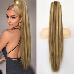KooKaStyle Long Straight Drawstring Ponytail Extension 32 Inch Black Synthetic Heat Resistant Hairpiece