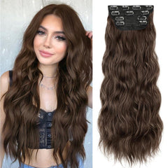 KooKaStyle Clip in Synthetic Hair Extensions Long Wavy 4PCS Double Weft Thick Hairpieces for Women