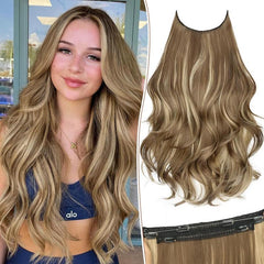 KooKaStyle 20 Inch Invisible Wire Hair Extensions, Long Wavy Layered Synthetic Hairpiece with 6 Clips & Adjustable Transparent Wire