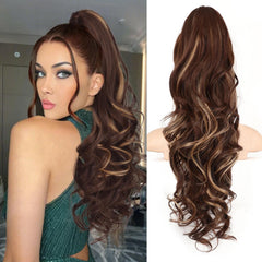 KooKaStyle 24 Inch Curly Wavy Ponytail Extension | Claw Clip Synthetic Hairpiece for Women, Natural Fluffy Pony Tail