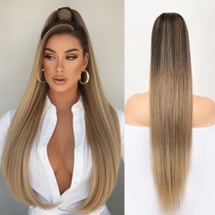 KooKaStyle Long Straight Drawstring Ponytail Extension 32 Inch Black Synthetic Heat Resistant Hairpiece