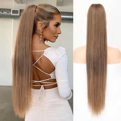 KooKaStyle Long Straight Drawstring Ponytail Extension 32 Inch Black Synthetic Heat Resistant Hairpiece