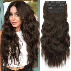 KooKaStyle Clip in Synthetic Hair Extensions Long Wavy 4PCS Double Weft Thick Hairpieces for Women
