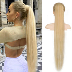 KooKaStyle Long Straight Drawstring Ponytail Extension 32 Inch Black Synthetic Heat Resistant Hairpiece