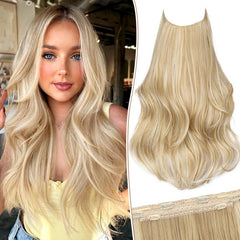 KooKaStyle 20 Inch Invisible Wire Hair Extensions, Long Wavy Layered Synthetic Hairpiece with 6 Clips & Adjustable Transparent Wire