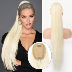 KooKaStyle Long Straight Drawstring Ponytail Extension 32 Inch Black Synthetic Heat Resistant Hairpiece