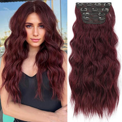 KooKaStyle Clip in Synthetic Hair Extensions Long Wavy 4PCS Double Weft Thick Hairpieces for Women