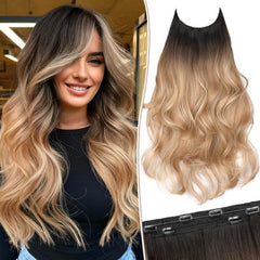 KooKaStyle 20 Inch Invisible Wire Hair Extensions, Long Wavy Layered Synthetic Hairpiece with 6 Clips & Adjustable Transparent Wire