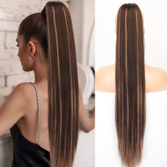 KooKaStyle Long Straight Drawstring Ponytail Extension 32 Inch Black Synthetic Heat Resistant Hairpiece