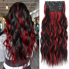 KooKaStyle Clip in Synthetic Hair Extensions Long Wavy 4PCS Double Weft Thick Hairpieces for Women