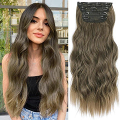 KooKaStyle Clip in Synthetic Hair Extensions Long Wavy 4PCS Double Weft Thick Hairpieces for Women