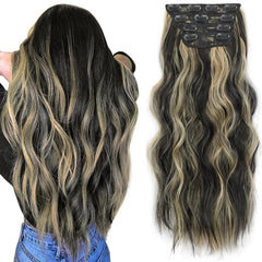 KooKaStyle Clip in Synthetic Hair Extensions Long Wavy 4PCS Double Weft Thick Hairpieces for Women