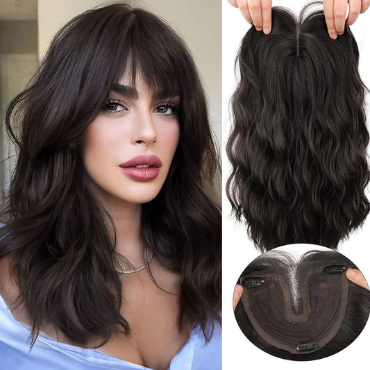 KooKaStyle Curly Wave Hair Topper with Bangs | 18 Inch Synthetic Invisible Hairpiece for Women