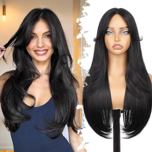 KooKaStyle Natural Black Glueless Wig | Pre-Cut Synthetic Lace Front, Long Layered Straight 26 Inch for Women