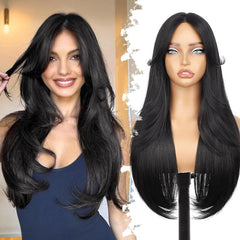 KooKaStyle Natural Black Glueless Wig | Pre-Cut Synthetic Lace Front, Long Layered Straight 26 Inch for Women