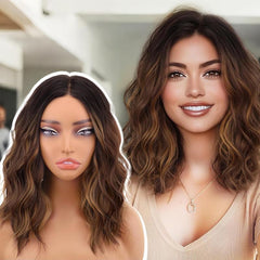 KooKaStyle 14 & 18 Inch Brown Highlight Wigs for Women, Shoulder Length Wavy Synthetic Wig with Pre-Cut Lace Hairline, Middle Part Bob
