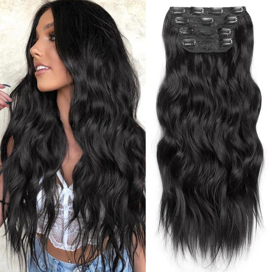 KooKaStyle Clip in Synthetic Hair Extensions Long Wavy 4PCS Double Weft Thick Hairpieces for Women