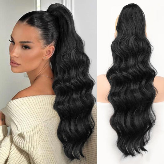 KooKaStyle 26 Inch Wavy Dark Brown Ponytail Extension, Synthetic Clip-In Drawstring Hairpiece for Women, Natural Body Wave Daily Wear