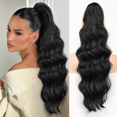KooKaStyle 26 Inch Wavy Dark Brown Ponytail Extension, Synthetic Clip-In Drawstring Hairpiece for Women, Natural Body Wave Daily Wear