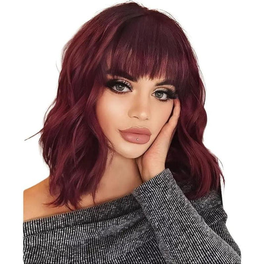 KooKaStyle Curly Bob Wig with Bangs, Short Wavy Synthetic Heat Resistant Wig for Women, Easy to Wear Bob Style Hairpiece