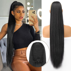 KooKaStyle Long Straight Drawstring Ponytail Extension 32 Inch Black Synthetic Heat Resistant Hairpiece