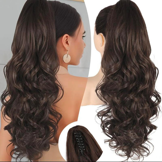 KooKaStyle 24 Inch Curly Wavy Ponytail Extension | Claw Clip Synthetic Hairpiece for Women, Natural Fluffy Pony Tail