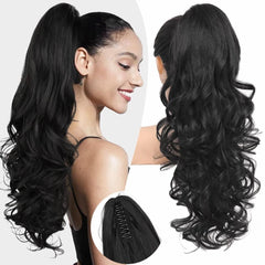 KooKaStyle 24 Inch Curly Wavy Ponytail Extension | Claw Clip Synthetic Hairpiece for Women, Natural Fluffy Pony Tail