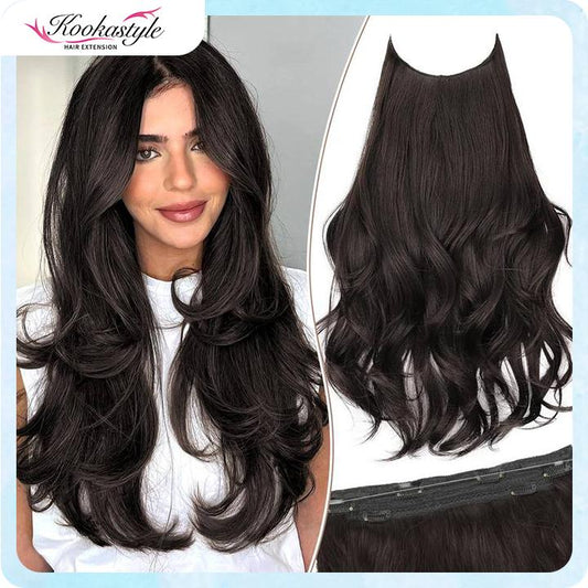 KooKaStyle 20 Inch Invisible Wire Hair Extensions, Long Wavy Layered Synthetic Hairpiece with 6 Clips & Adjustable Transparent Wire