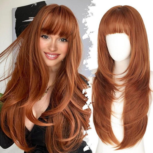 KooKaStyle Long Ginger Wig with Bangs | 4x4 Realistic Scalp, Free Parting Layered Synthetic Heat-Resistant Wig 26 Inch