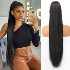 KooKaStyle Long Straight Drawstring Ponytail Extension 32 Inch Black Synthetic Heat Resistant Hairpiece