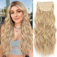 KooKaStyle Clip in Synthetic Hair Extensions Long Wavy 4PCS Double Weft Thick Hairpieces for Women