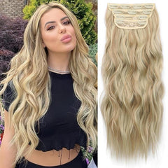 KooKaStyle Clip in Synthetic Hair Extensions Long Wavy 4PCS Double Weft Thick Hairpieces for Women
