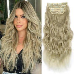 KooKaStyle Clip in Synthetic Hair Extensions Long Wavy 4PCS Double Weft Thick Hairpieces for Women