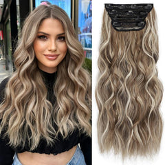 KooKaStyle Clip in Synthetic Hair Extensions Long Wavy 4PCS Double Weft Thick Hairpieces for Women