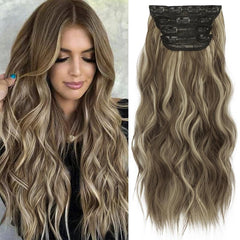 KooKaStyle Clip in Synthetic Hair Extensions Long Wavy 4PCS Double Weft Thick Hairpieces for Women