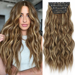 KooKaStyle Clip in Synthetic Hair Extensions Long Wavy 4PCS Double Weft Thick Hairpieces for Women