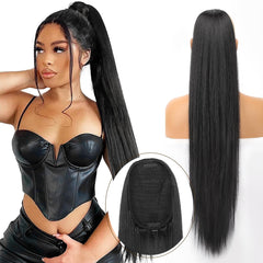 KooKaStyle Long Straight Drawstring Ponytail Extension 32 Inch Black Synthetic Heat Resistant Hairpiece