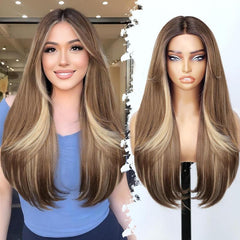 KooKaStyle Natural Black Glueless Wig | Pre-Cut Synthetic Lace Front, Long Layered Straight 26 Inch for Women