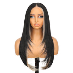 KooKaStyle Black Wig with Bangs | 24" Glueless Synthetic Lace Front Wig for Women, Pre-Plucked & Pre-Cut, Layered Highlight, Ready-to-Wear Middle Part