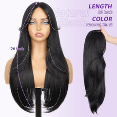 KooKaStyle Natural Black Glueless Wig | Pre-Cut Synthetic Lace Front, Long Layered Straight 26 Inch for Women