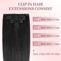 KooKaStyle Straight Real Human Hair Clip-in Extensions | Soft & Silky Natural Human Hair, 7PCS 120g for Women Daily Use